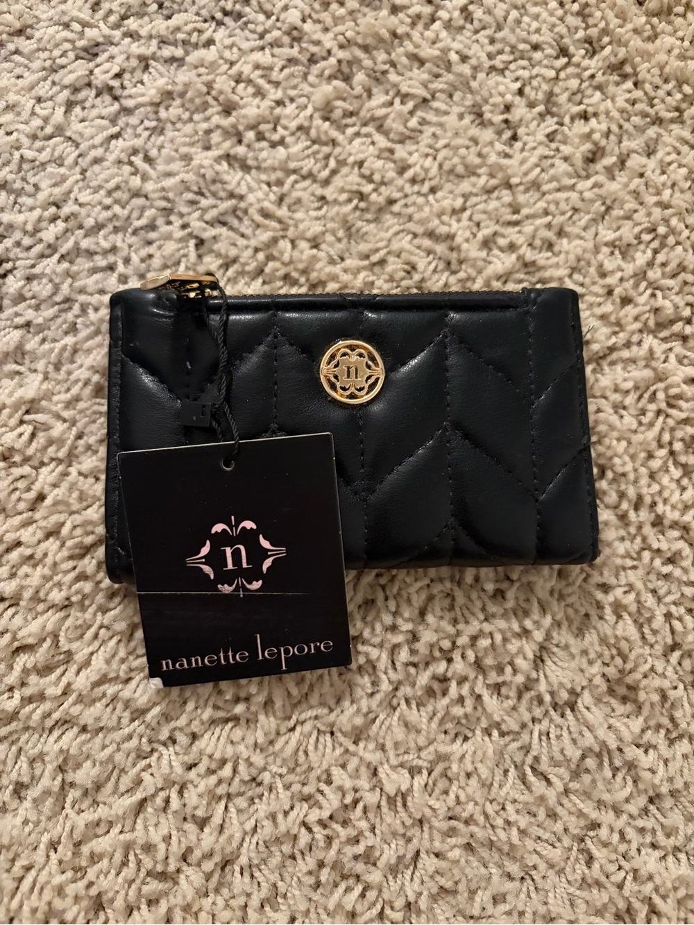 Nanette Lepore Black Quilted Leather Card Case with Gold Emblem